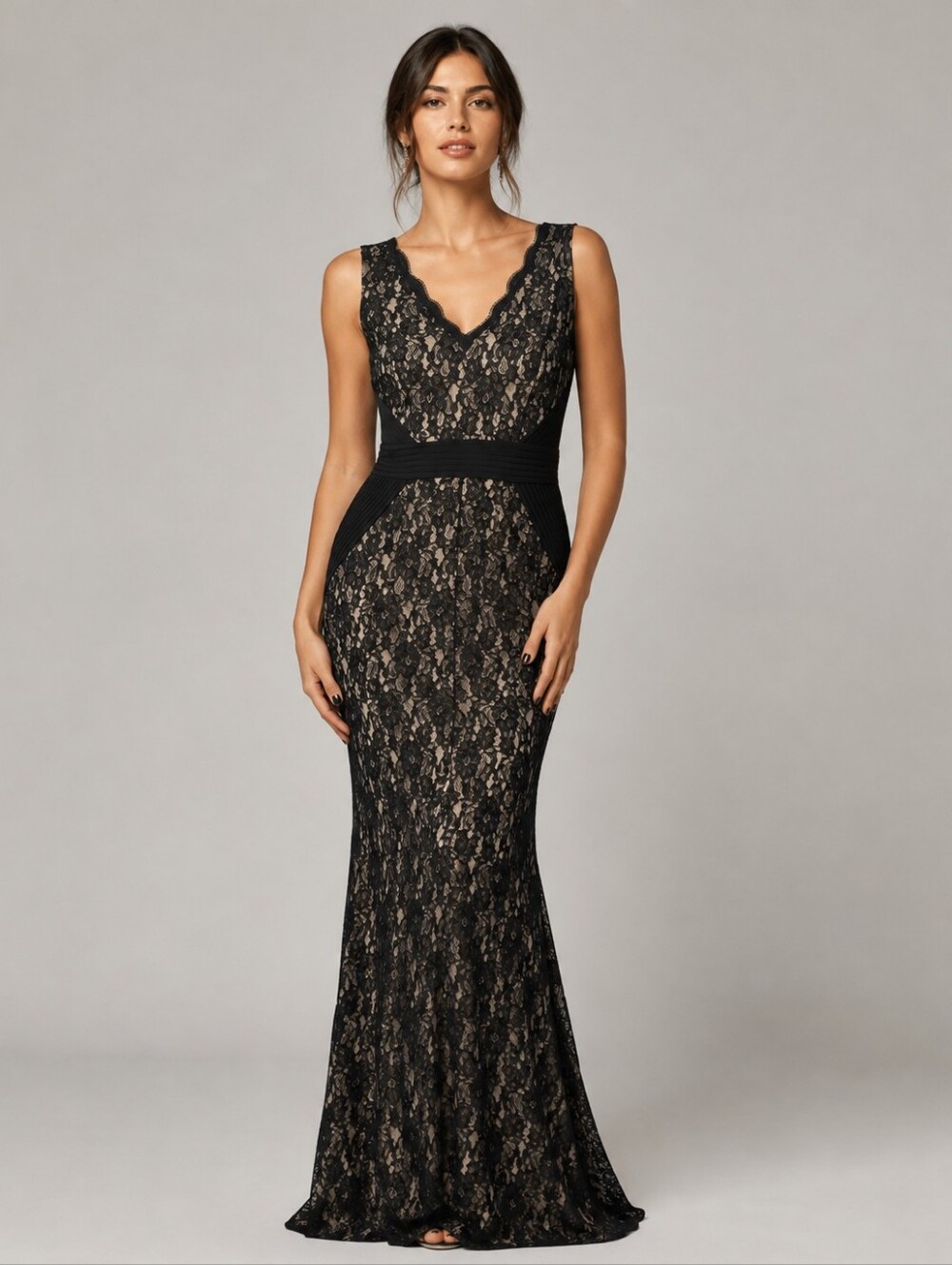 Cachet NWT Black Lace Evening Gown V Neck Pleated Waist 16